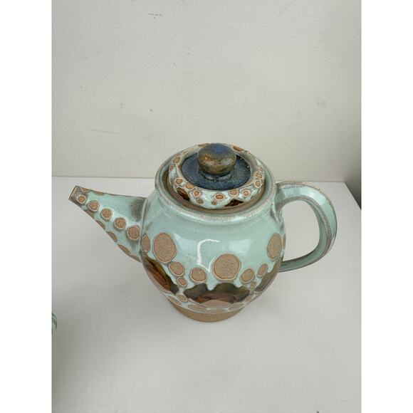 OOAK Blue Beige Ceramic Hand Thrown Pottery Tea Plate Cup Teapot Tea Set 3-Piece - Picture 4 of 12
